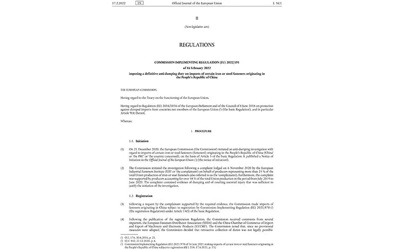 Eindoordeel! De EU legt 22,1% tot 86,5% antidumpingrechten op Chinese stalen bevestigingsmiddelen